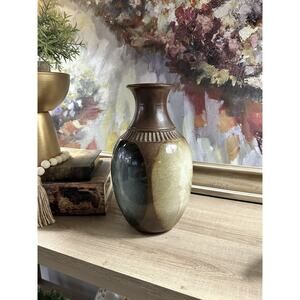 VTG MCM Earthenware Stone Pottery Craft Robert Maxwell Vase Brown Blue 9”